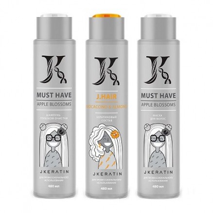 JKeratin J.Hair Mocaccino & Almond набор для выпрямления жёстких кудрявых волос, 480/480/480 мл
